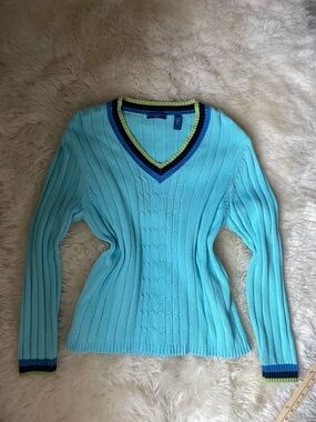 Vintage 90s Karen Scott sport Turquoise  cricket v neck sweater